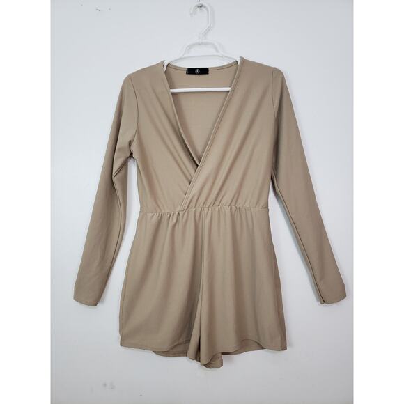 (M5) Missguided Crepe Wrap Women's Romper Size 10 Long Sleeve Short Tan - Picture 2 of 7